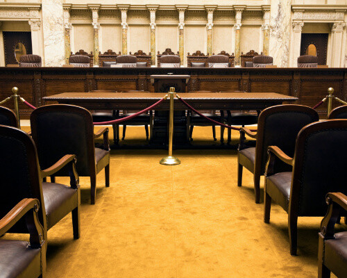 court room where a judgement or verdict or settlement will be given